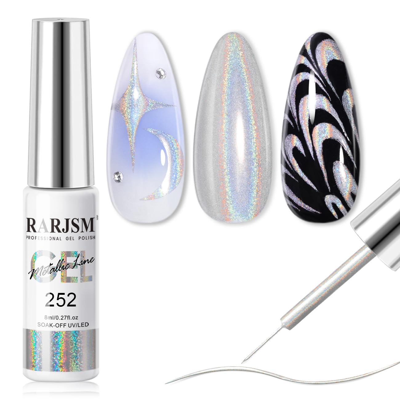 RARJSM Metallic Silver Nail Art Gel Liner Mirror Chrome 3D Holographic Laser Rainbow Effect Gel Nail Polish 8ml Build in Thin Brush Painted Drawing Striper Painting Curing Requires for Home Salon-Velvo Beauty