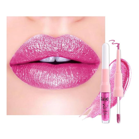 evpct Hot Pink Metallic Glitter Lip Liner and Lipstick Combo Lip Gloss Stain Set Makeup for Women Long Lasting Waterproof 24, Rose Pink Frosted Metallic Shimmer Glossy iridescent Liquid Lipstick 07-Velvo Beauty