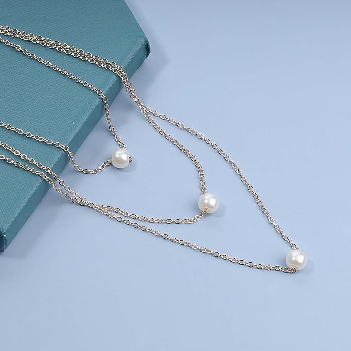 Boho Layered Pearl Necklace Choker Gold Pearl Pendant Necklace Multi Layer Vintage Necklace Chain Bridal Necklace Jewelry for Women and Girls-Velvo Beauty