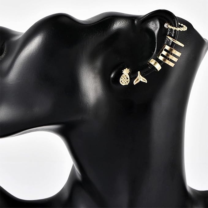 Bohemia Pineapple Mermaid Tail Studs Earrings Gold Wide Cuff Earrings Fake Helix Ear Cuff Earrings Gold Cartilage Clip on Wrap Earrings Non pierced Multiple Earrings Set Set for Women and Girls-Velvo Beauty