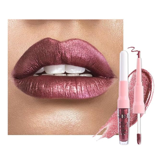 evpct Dark Wine Red Metallic Glitter Lip Liner and Lipstick Combo Lip Gloss Stain Set Makeup for Women Long Lasting Waterproof 24, Mauve Plum Frosted Metallic Shimmer Glossy iridescent Liquid Lipstick-Velvo Beauty
