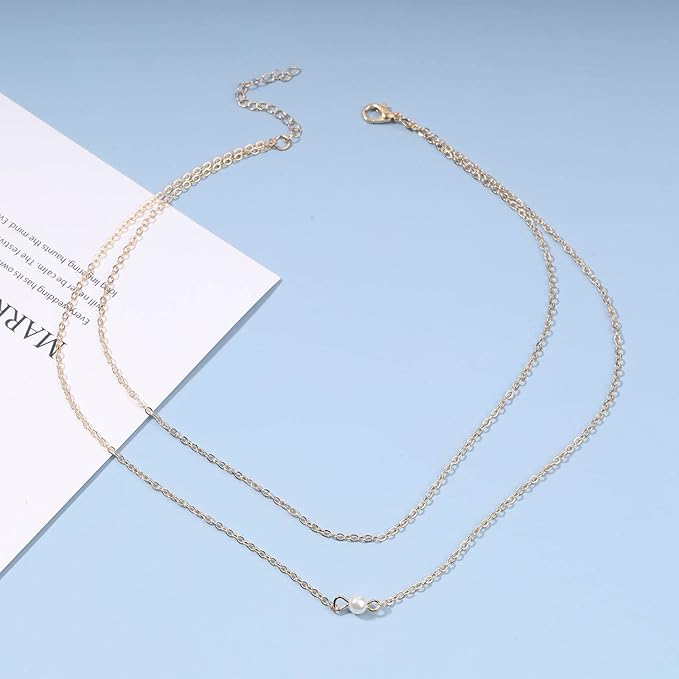 Boho Layered Pearl Choker Necklace Gold Pearl Pendant Necklace Tiny Dot Layering Necklace Vintage Necklace Chain Jewelry for Women and Girls Gifts-Velvo Beauty