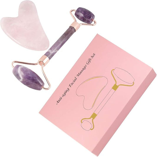 mookaitedecor Amethyst Roller & Rose Quartz Gua Sha Scraping Massage Tool Set, Face Massager for Wrinkles, Anti Aging-Velvo Beauty