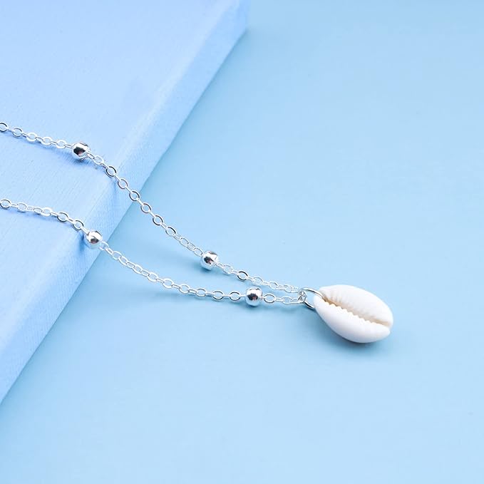Bohemia Sea Shell Choker Necklace Natural Shell Pendant Necklace Minimalist Cowrie Necklace Silver Satellite Chain Necklace Jewelry for Women and Girls-Velvo Beauty