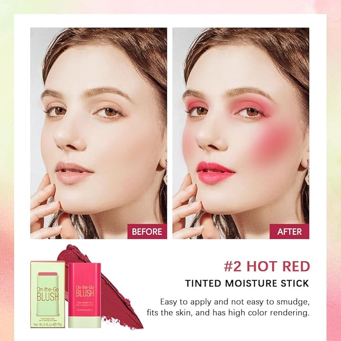 Soft Creamy Blush Stick,On-the-Go Blush,2-in-1 Cheek and Lip Tint,Waterproof Hydrating Solid Natural Moisture Smooth Blendable Matte Finish Face Blush Makeup,02 hot red-Velvo Beauty