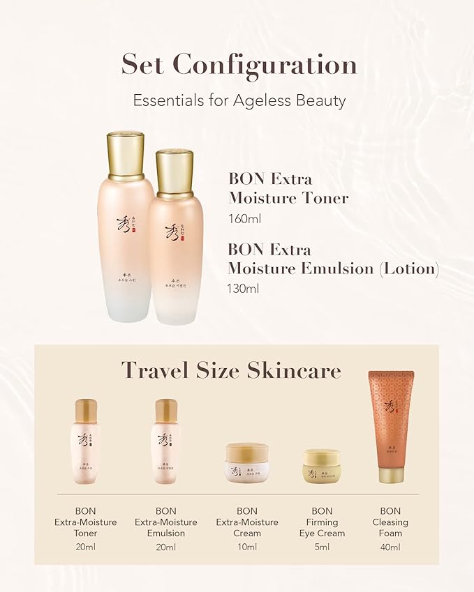 Sooryehan BON EXTRA MOISTURE Korean Skin Care Gift Set (385ml / 13.01 Fl Oz) - Luxury Premium High-end by LG BEAUTY. Hydrating Toner, Emulsion Lotion, Cleansing Foam, Eye Cream.-Velvo Beauty