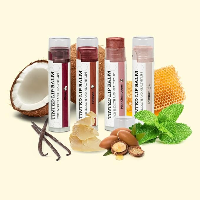 Tinted Lip Balm by Earth’s Daughter – 4 Pack of Assorted Colors – Beeswax, Coconut Oil, Cocoa Butter, Vitamin E – Moisturize and Beautify – Paraben Free-Velvo Beauty