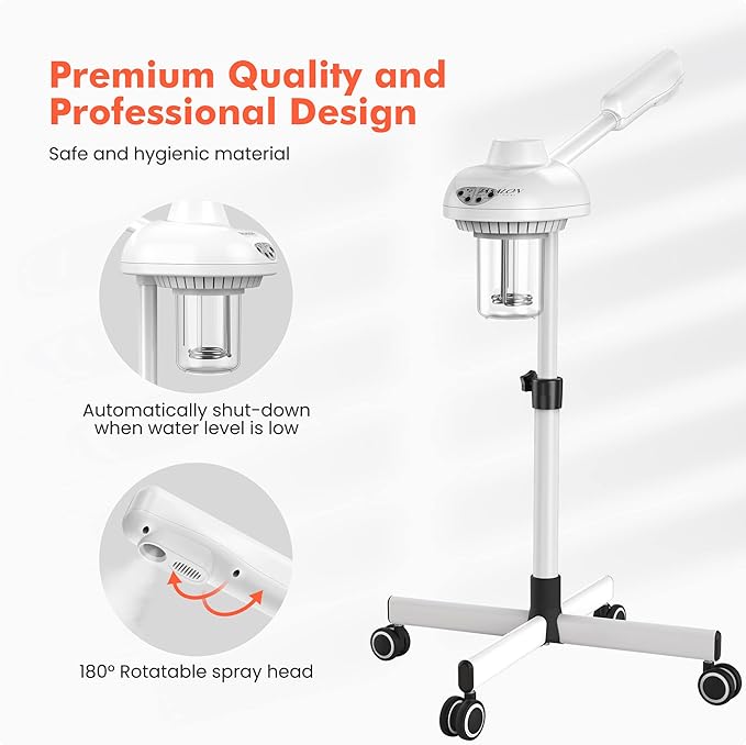 TASALON Professional Facial Steamer on Wheels, Hot Ozone Face Steamer for Facial, Esthetician Steamer for Salon Beauty and Spa, Mist Face Steamer for Facial Deep Cleaning Skin Care Equipment- White-Velvo Beauty