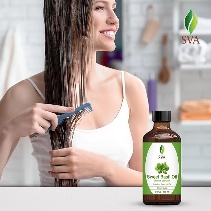 SVA Sweet Basil Essential Oil – 4 Fl Oz – 100% Natural Basil Oil - for Diffuser, Hair Care, Face, Skin Care, Aromatherapy, Scalp and Body Massage, Soap and Candle Making – with Dropper-Velvo Beauty