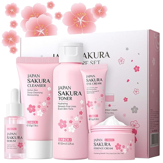 Sakura Skincare Gift Set, Skin Care Travel Kit with Cleanser, Toner, Serum, Eye Cream, Face Cream for Women Girls (5pcs)-Velvo Beauty