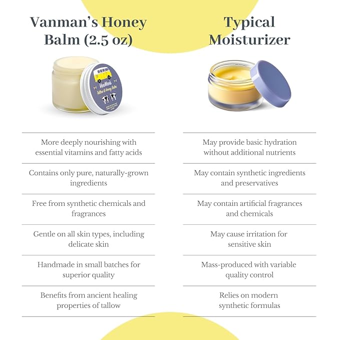 Vanman's - Tallow and Honey Balm Jumbo - Tallow Face Moisturizer with Pure Grass-Fed/Finished Beef Tallow for Skin and Essential Oils, Organic Raw Honey and Beeswax, Cold Pressed Olive Oil - 6 oz-Velvo Beauty