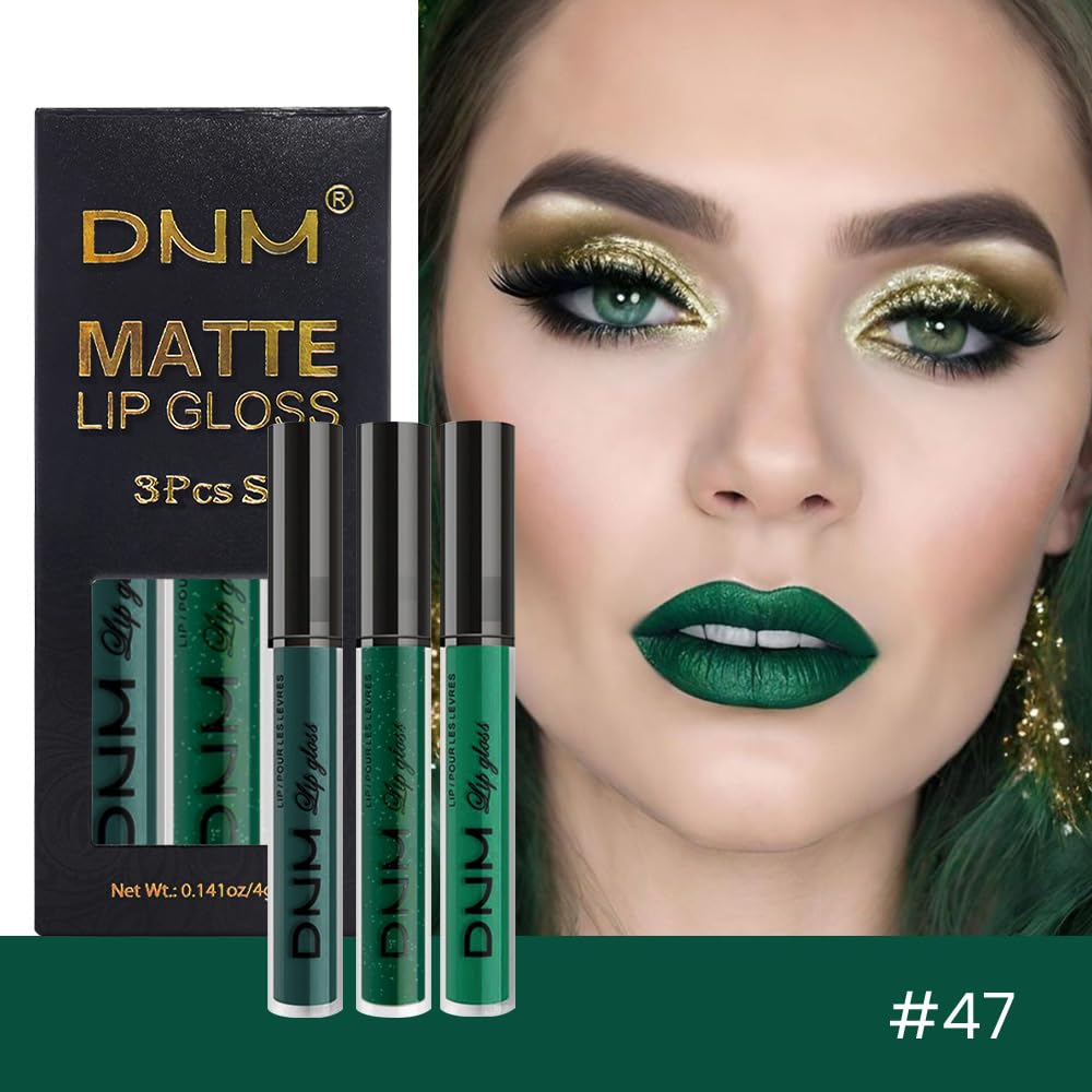 evpct 3Pcs Dark Deep Forest Green Shimmer Matte Liquid Lipstick Lip Stain Sets for Women Matte+Lipstick Long Lasting Waterproof Permanent 24 Hours Magic Lipstick 24 Hours original, Set23-Velvo Beauty