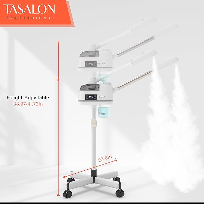 TASALON 2 in 1 Professional Facial Steamer on Wheels -with Ozone and Hot & Cold Mist, Ionic Facial Steamer Kit for Facial Deep Cleaning and Moisturize, SPA & Home, Ozone Face Humidifier (White)-Velvo Beauty