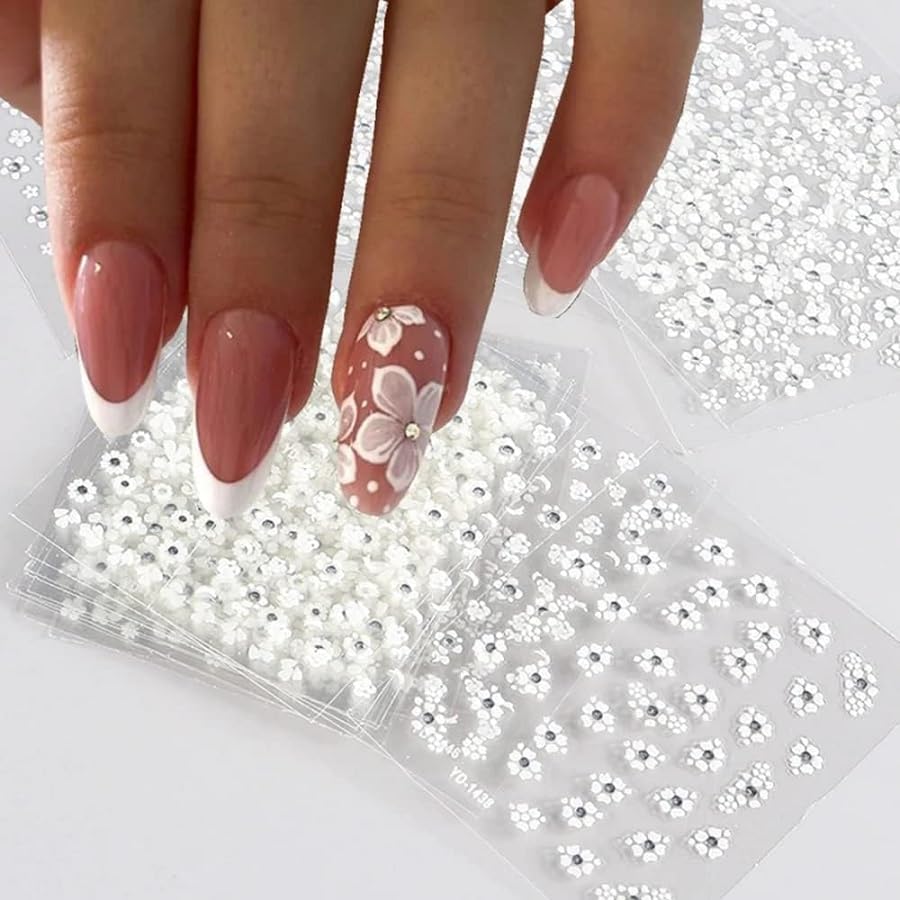 30 Sheets White Flower Nail Art Stickers, 3D Self Adhesive White Flower Nail Sticker Design Holographic Small Floral with Rhinestones Nail Art Decals Nail Supplies for Women Girls Manicure Decoration-Velvo Beauty