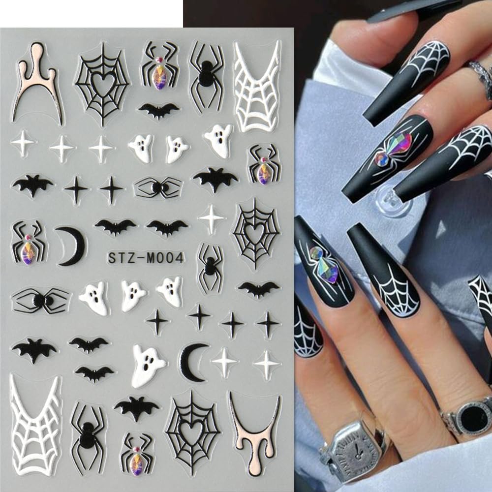 3 Sheet Halloween Nail Stickers Ghost Bat Spider Nail Decals 3D Self-Adhesive Spider Web Spooky Bat Spider Nail Art Stickers Design Gothic Nail Art Supplies for Holiday Acrylic DIY Nail Decoration-Velvo Beauty