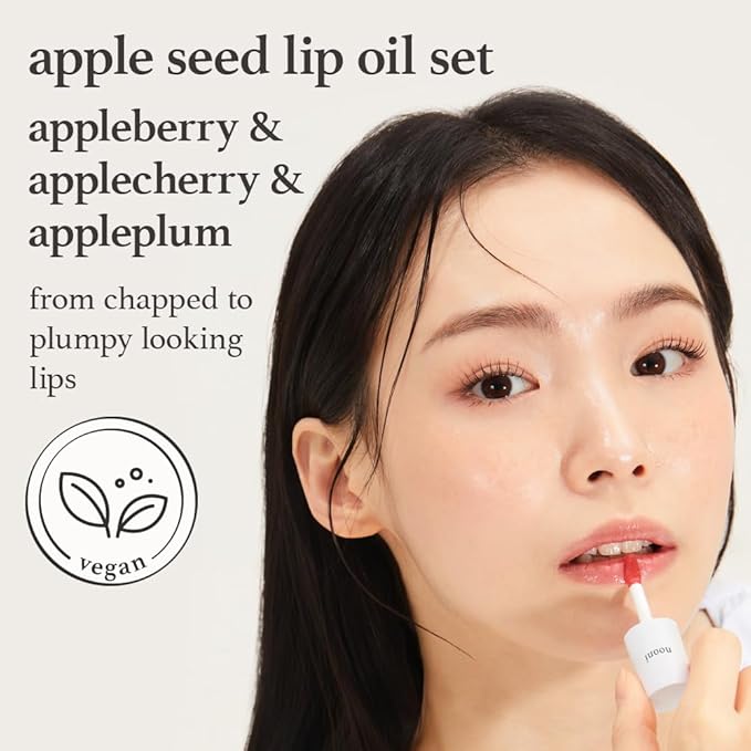 NOONI Vegan Appleseed Lip Oil Set - Appleberry & Applecherry & Appleplum | Long-Lasting, Moisturizing, Plumping, Revitalizing for Dry Lips, Waterproof, No Peel Off, 0.12 FL Oz x 3ea-Velvo Beauty