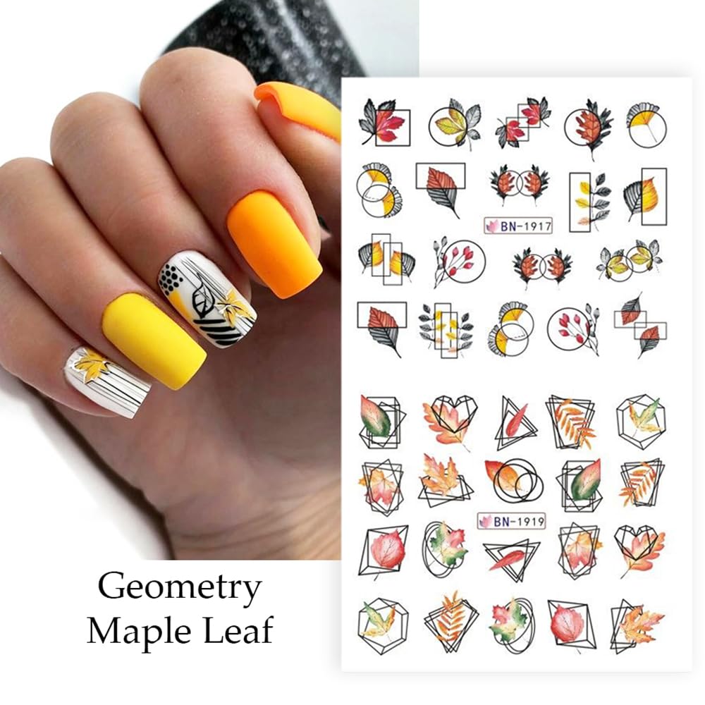 Fall Nail Art Stickers Maple Leaf Water Transfer Nail Decals Nail Supplies Autumn Maple Leaves Pumpkin Turkey Fox Design Watermark Nail Art Decorations Thanksgiving Day Stickers Manicure Tips 12Pcs-Velvo Beauty