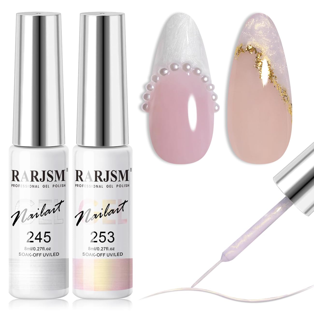 RARJSM Pearl Gel Liner Nail Art 2 Pcs Set Pearlescent Milky White Light Purple Golden Shell Glitter Swirl Effect Gel Nail Polish 8ml Build in Thin Brush Painted Striper GelPolish Curing Requires-Velvo Beauty