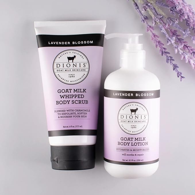 Dionis Goat Milk Skincare Lavender Scented Whipped Body Scrub & Lotion Gift Set - Gentle Chamomile Blended Exfoliating Sugar Scrub & Hydrating Body Cream Set, 6 oz & 8.5 oz-Velvo Beauty