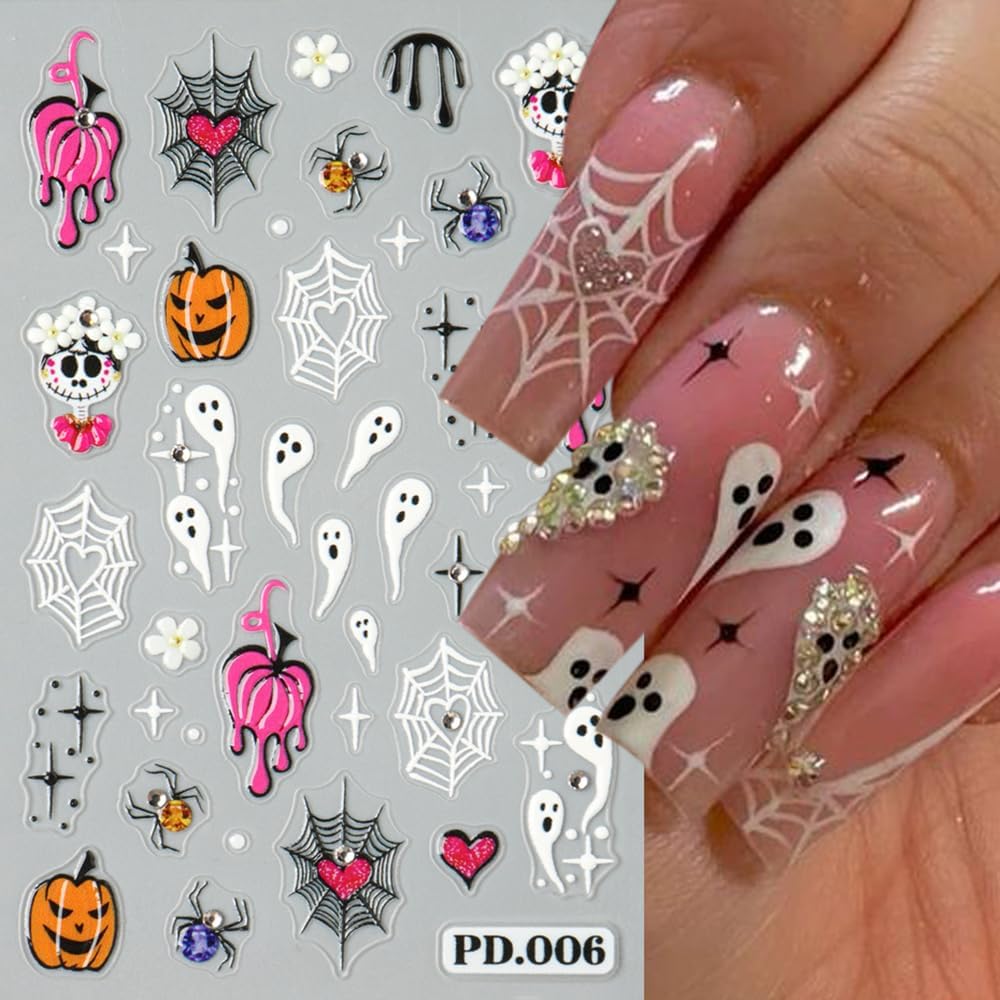 2Pcs Halloween Nail Stickers 5D Embossed Self Adhesive Day of The Dead Nail Decals with Cute Ghost Design Spider Web Pumpkin Nail Art Stickers Halloween Nail Supplies Nail Art Decoration for Women-Velvo Beauty