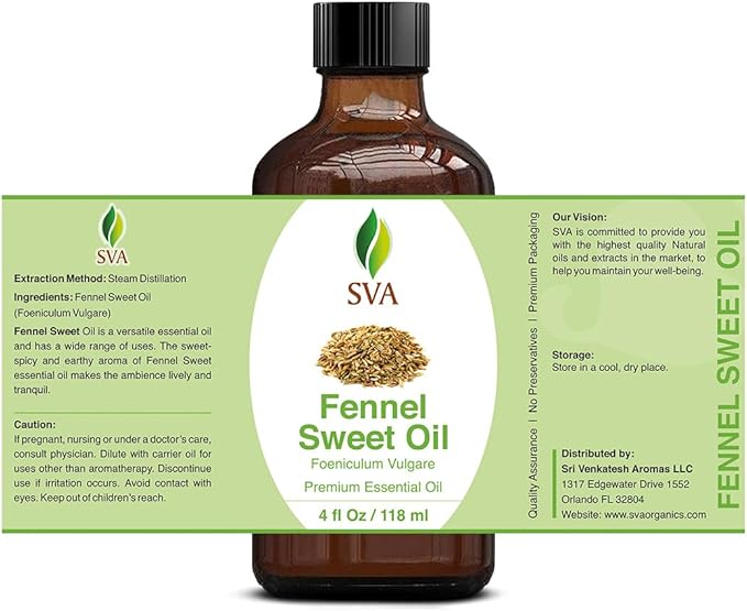 SVA Sweet Fennel Essential Oil – 4 Fl Oz – 100% Natural Fennel Oil - for Diffuser, Hair Care, Face, Skin Care, Aromatherapy, Scalp and Body Massage, Soap and Candle Making – with Dropper-Velvo Beauty