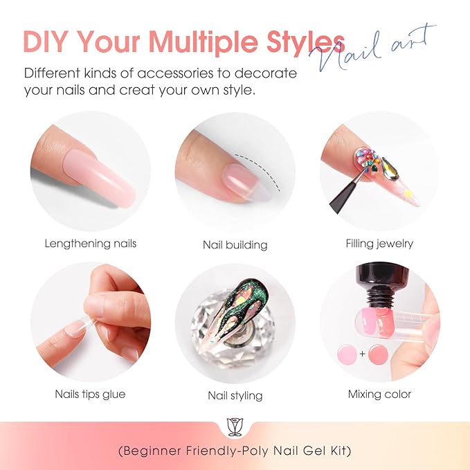 ROSALIND 28 Colors Poly Nail Gel Kit with Mini U V/LED Lamp White Nude Poly Nails Gel Kit Starter Kits With Slip Solution Pink Extensions Set for Nail Manicure Beginner-Velvo Beauty