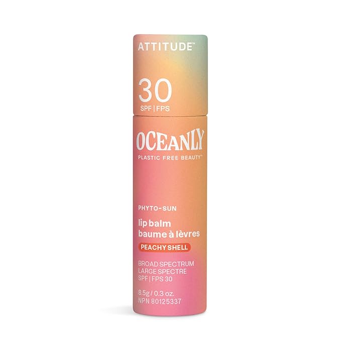 ATTITUDE Oceanly Tinted Lip Balm with SPF 30, EWG Verified, Plastic-Free, Broad Spectrum UVA/UVB Protection with Zinc Oxide, Vegan, Unscented, Peachy Shell, 0.3 Ounce-Velvo Beauty