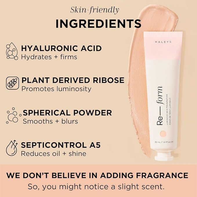 HALEYS Re-form Luminous Skin Foundation, VEGAN + CRUELTY-FREE, Blurs, Conceals, Blendable, Buildable Med-to-Full Coverage, Weightless, Oil-free, All-Day Wear, Hyaluronic Acid, All skin types (3.25)-Velvo Beauty
