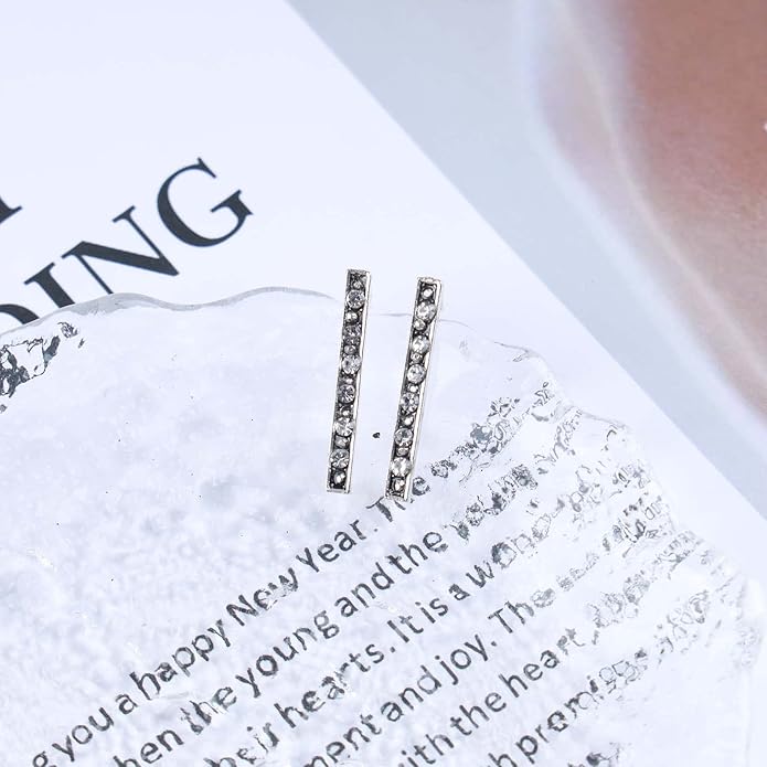 Geometric Crystal Bar Earrings Silver Cz Bar Stick Earrings Cz Rhinestone Bar Stud Earrings Silver Minimalist Earrings Jewelry for Women and Girls-Velvo Beauty
