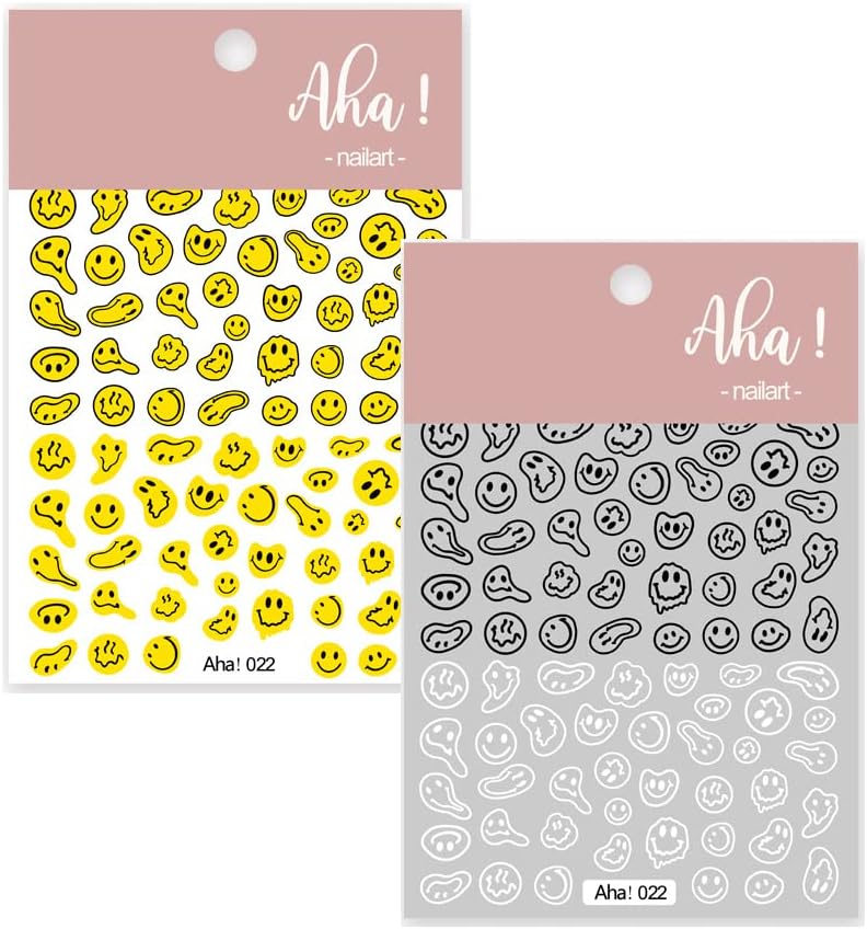 Smiling Face Nail Art Stickers 3D Nail Decals Cute Self-Adhesive Nail Stickers Yellow Black and White Twisted Smiling Face Nail Supplies for Women Girls Kids Nail Decorations-Velvo Beauty