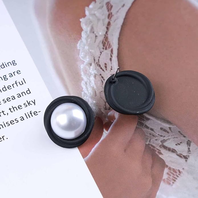 Vintage Mermaid Pearl Stud Earrings Half Pearl Earrings Black Enamel Circle Earrings Mermaid Stud Earrings Jewelry for Women and Girls-Velvo Beauty