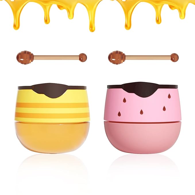 2PCS Bee Lip Balm Honey Pot,Honey Lip Balm With Honey Spoon,Honey Lip Mask Moisturizing Hydrating Prevents Dry and Chapped Lips,Lip Exfoliating Bee Lip Balm（Honey+Strawberry）-Velvo Beauty