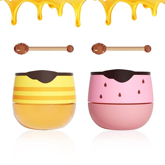 2PCS Bee Lip Balm Honey Pot,Honey Lip Balm With Honey Spoon,Honey Lip Mask Moisturizing Hydrating Prevents Dry and Chapped Lips,Lip Exfoliating Bee Lip Balm（Honey+Strawberry）-Velvo Beauty