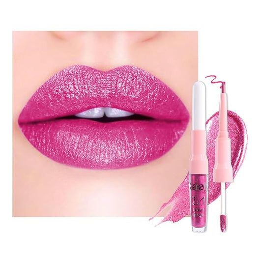 evpct Rose Metallic Glitter Lip Liner and Lipstick Combo Lip Gloss Stain Set Makeup for Women Long Lasting Waterproof 24, Metal Barbie Frosted Metallic Shimmer Glossy Iridescent Liquid Lipstick 15-Velvo Beauty