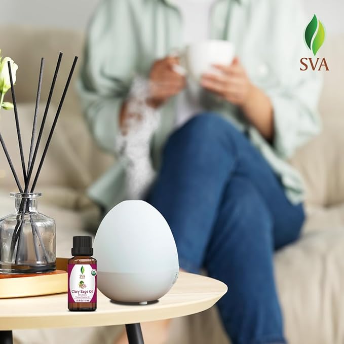 SVA Clary Sage Essential Oil Organic – 1/3 Fl Oz – 100% Natural Organic Clary Sage Oil - for Diffuser, Hair Care, Face, Skin Care, Aromatherapy, Scalp and Body Massage, Soap and Candle Making-Velvo Beauty