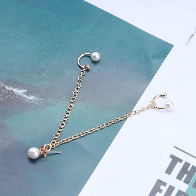 Vintage Pearl Cuff Chain Earrings Gold Chain Ear Cuffs Dangle Chain Cartilage Earrings Pearl Studs Earrings Cartilage Helix Earrings Helix to Lobe chain earrings Jewelry for Women and Girls (Gold A)-Velvo Beauty