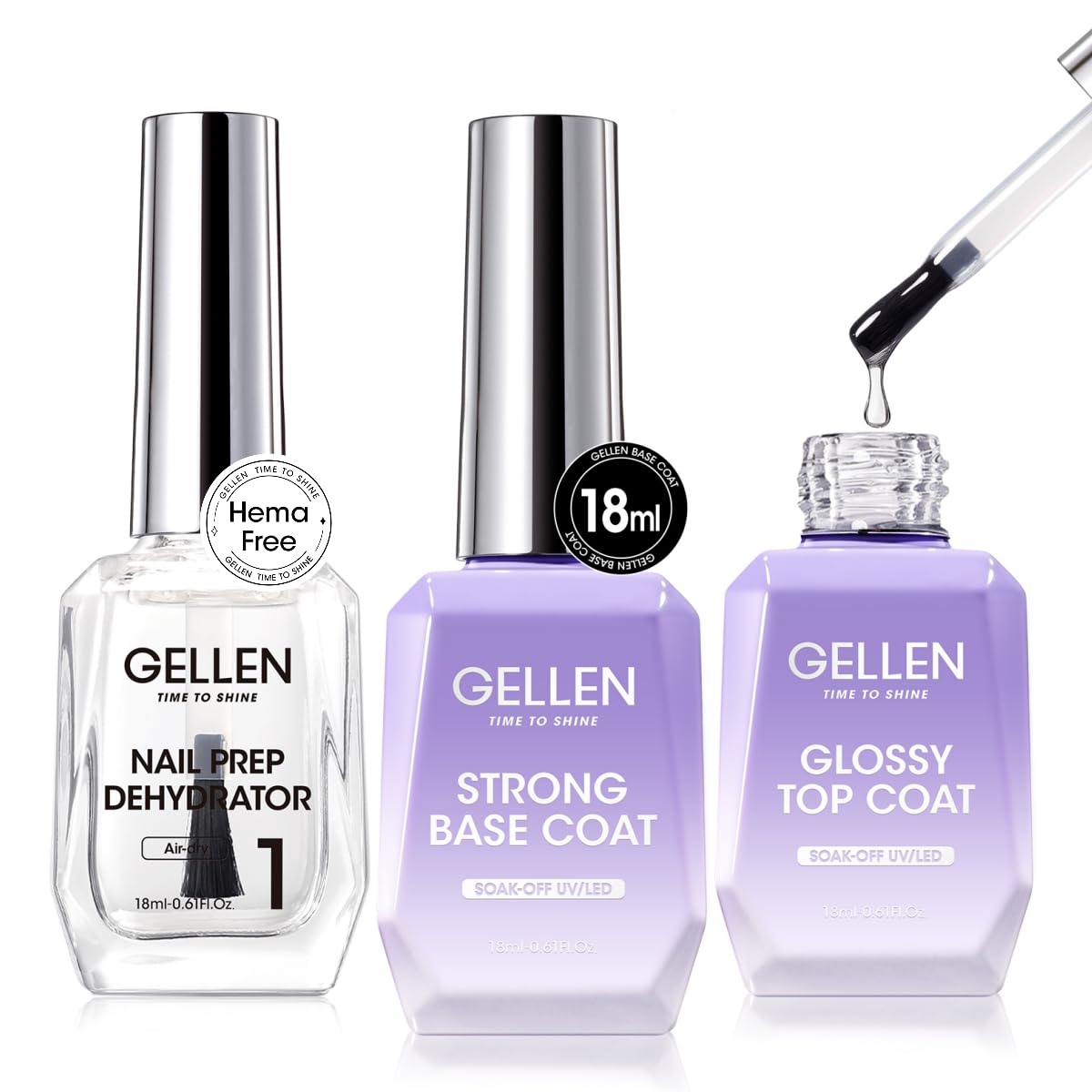GELLEN Top Base Coat Gel with Nail Dehydrator, 18ml Hema-Free Acid-Free No Wipe Strong Base Ultra Glossy Top for for Long-Lasting Acrylic, Gel Polish, Builder Gel, Nail Tech Supplies-Velvo Beauty