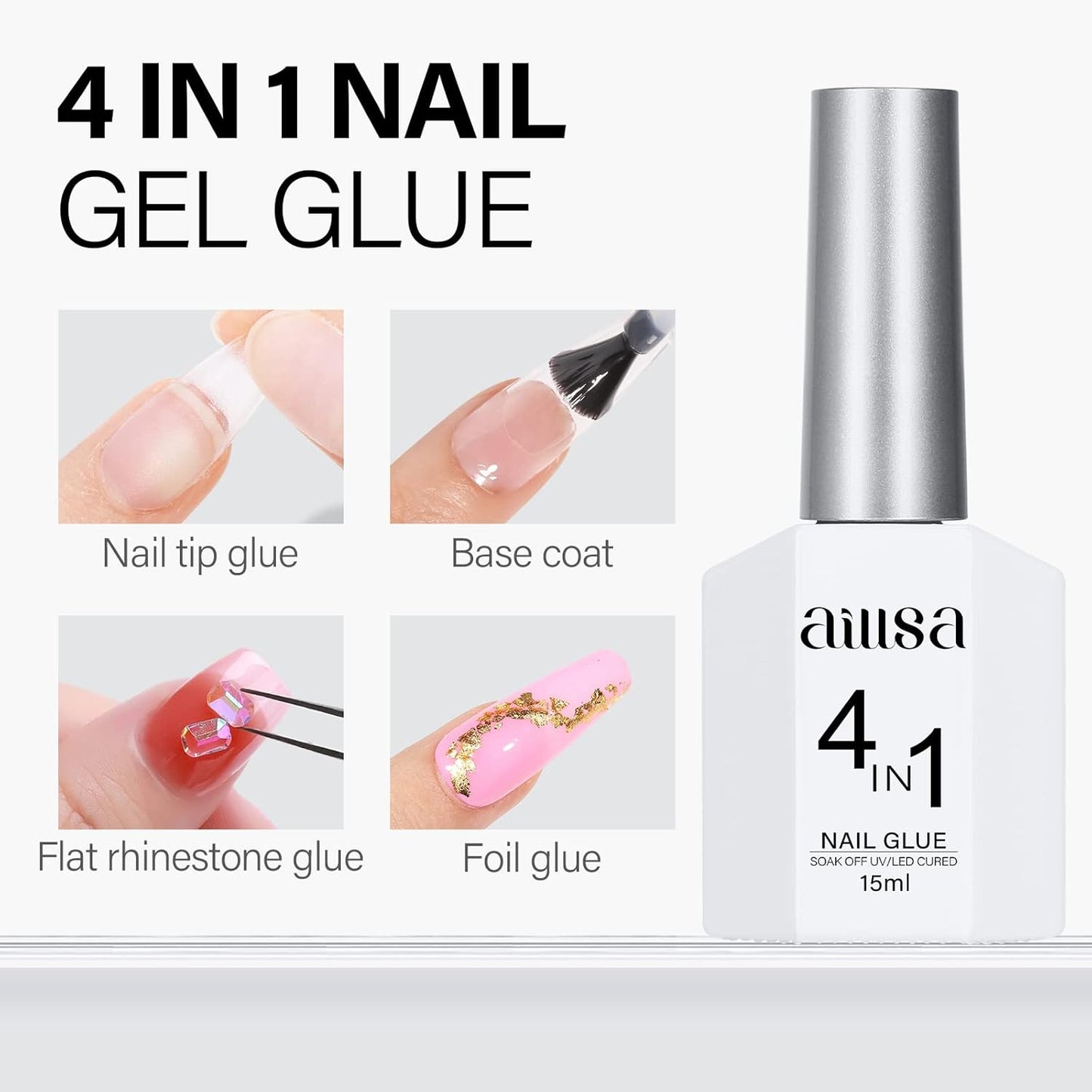 AILLSA Gel Nail Glue for Acrylic Nails, 4 in 1 Super Strong Nails Gel Glue for Fake Nail Tips,15ML High Capacity Long Lasting Brush On Nail Glues for Rhinestone Pearl Foil, (U V Lamp Curing Needed)-Velvo Beauty