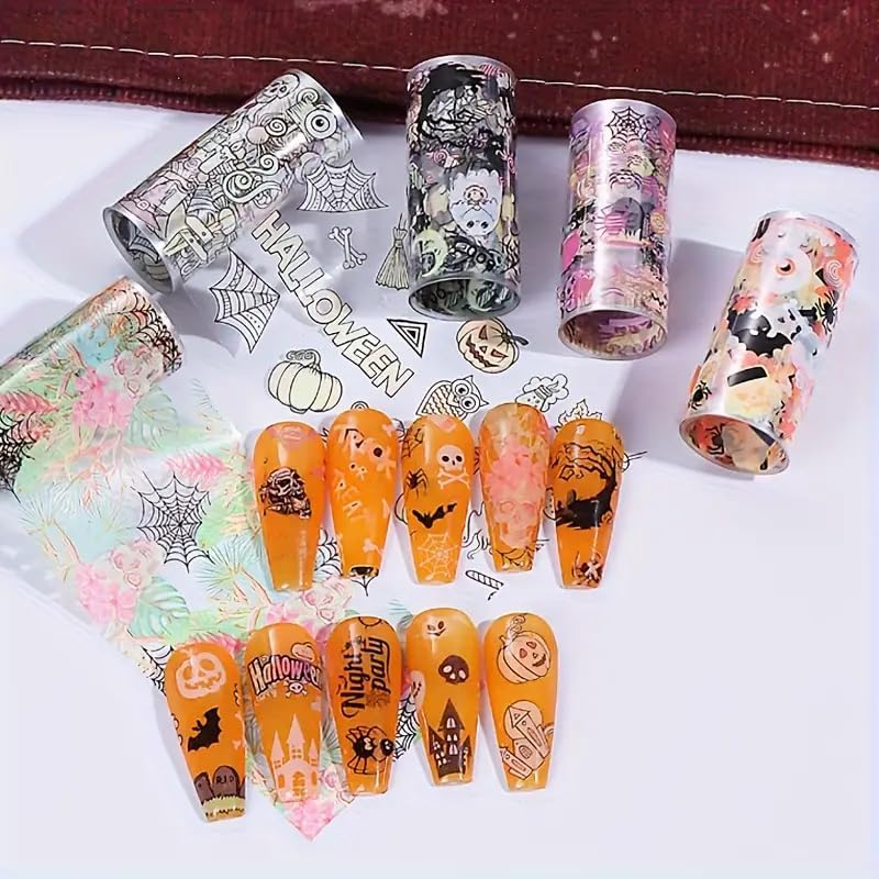 Halloween Nail Foils Transfers - Ghost Pumpkin Skull Bat Spider Web Black Cat Design, Gold & Holographic Foil Stickers for Nail Art, Manicure Decals for DIY Acrylic Nails, 10 Sheets-Velvo Beauty