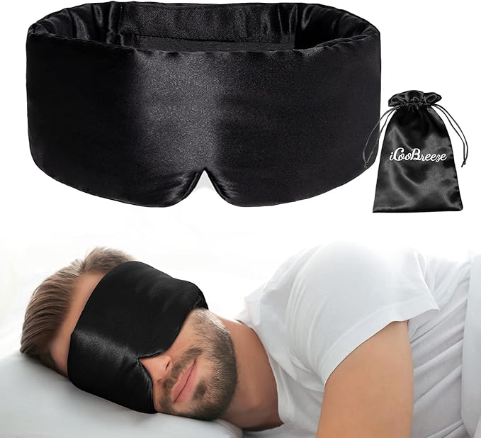 100% Natural Silk Eye Mask for Women Men, Soft Pressureless Cooling Blackout Eye Covers for Sleeping, Large Size Sleep Mask fits All Heads Adjustable, 1PC, Black-Velvo Beauty
