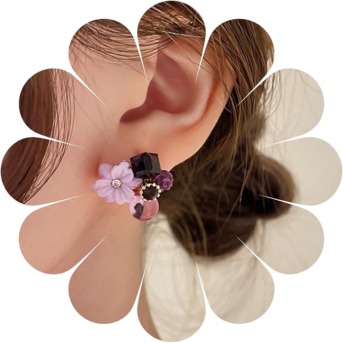 Boho Amethyst Flower Drop Earrings Vintage Purple Rhinestones Flora Petal Earrings Statement Purple Rose Studs Wedding Prom Geometric Crystal Flower Earrings Jewelry for Women-Velvo Beauty