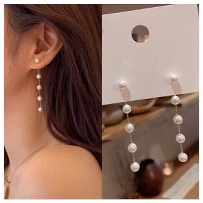 Boho Pearl Dangle Earrings Gold Pearl Drop Stud Earrings Long Pearl Tassel Earrings Vintage Pearl Linear Earrings Jewelry for Women and Girls-Velvo Beauty