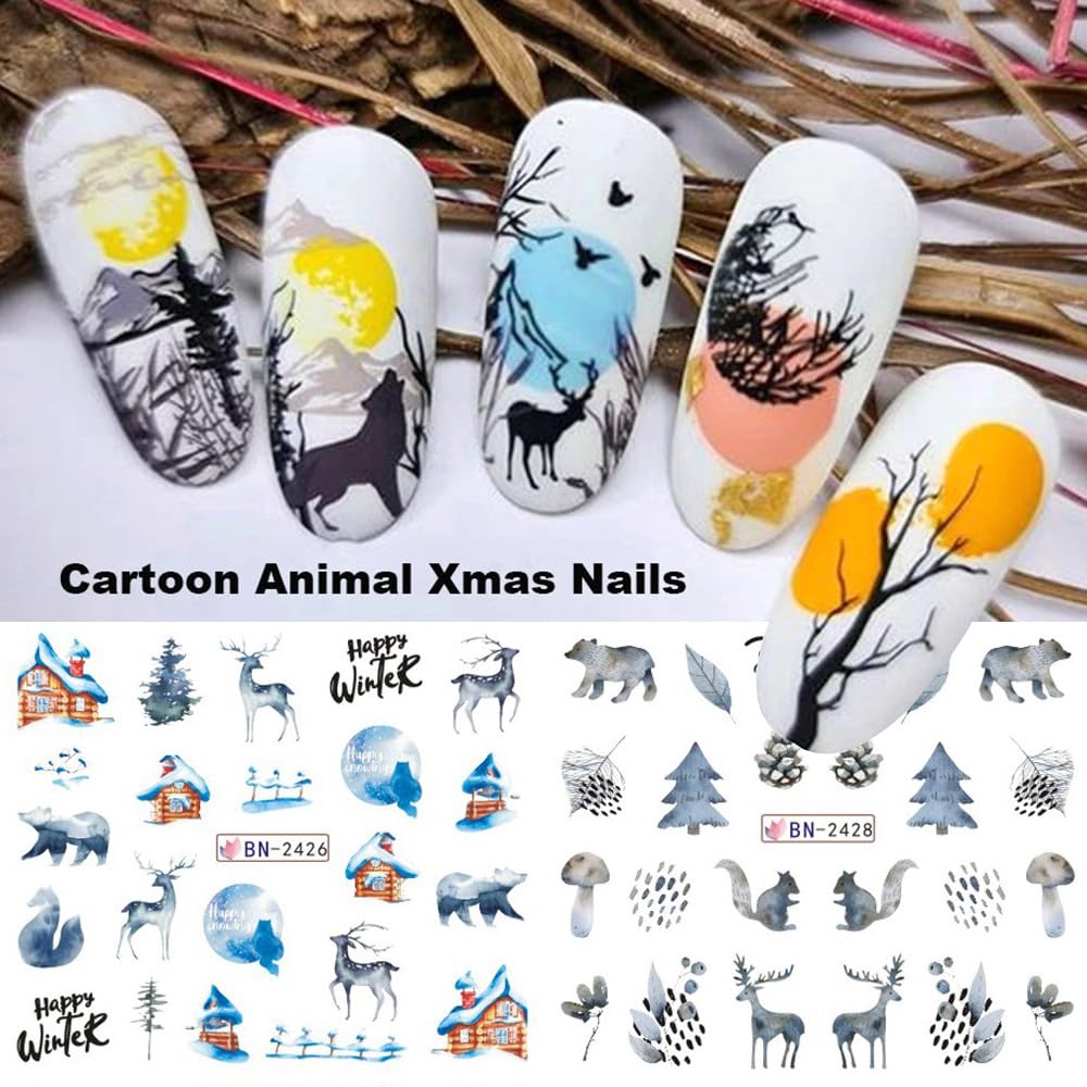 Christmas Nail Art Stickers Snowflake Water Transfer Nail Decals Winter Snow Flake Elk Cold Ice Bear Tree Nail Design Stickers for Nail Art Acrylic Watermark Nail Foils for Christmas Nail Decor 12Pcs-Velvo Beauty