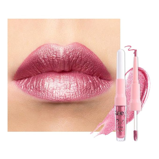 evpct Warm Pink Metallic Glitter Lip Liner and Lipstick Combo Lip Gloss Stain Set Makeup for Women Long Lasting Waterproof 24, Baby Pink Metallic Shimmer Frosted Iridescent Glossy Liquid Lipstick 12-Velvo Beauty