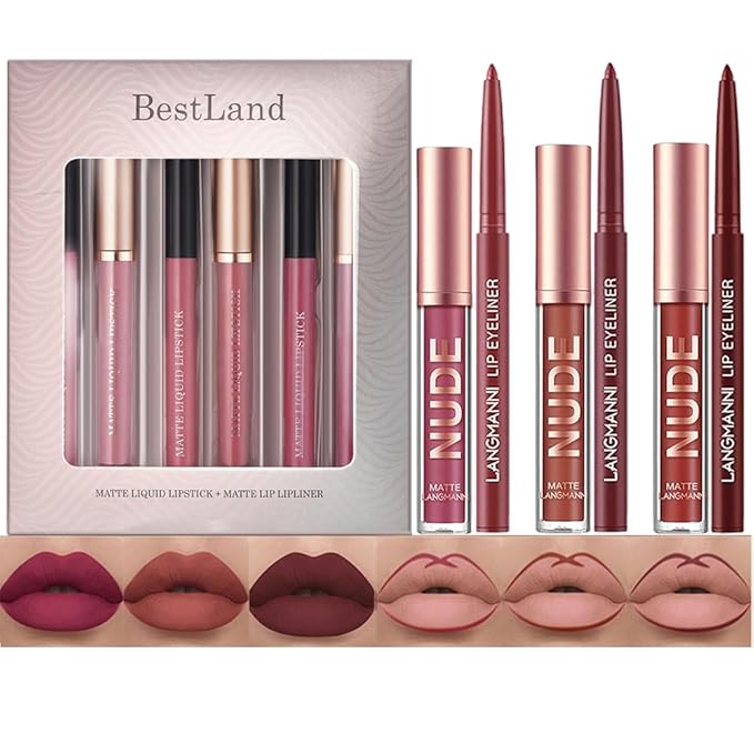 BestLand 6Pcs Matte Liquid Lipstick + Lip Liner Pens Set, One Step Lips Makeup Kits Pigment Velvety Nude Lip Stain Waterproof Long Wear Lip Gloss Make up Gift Set (Vintage Charm Lip Set)-Velvo Beauty