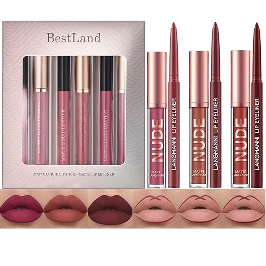 BestLand 6Pcs Matte Liquid Lipstick + Lip Liner Pens Set, One Step Lips Makeup Kits Pigment Velvety Nude Lip Stain Waterproof Long Wear Lip Gloss Make up Gift Set (Vintage Charm Lip Set)-Velvo Beauty