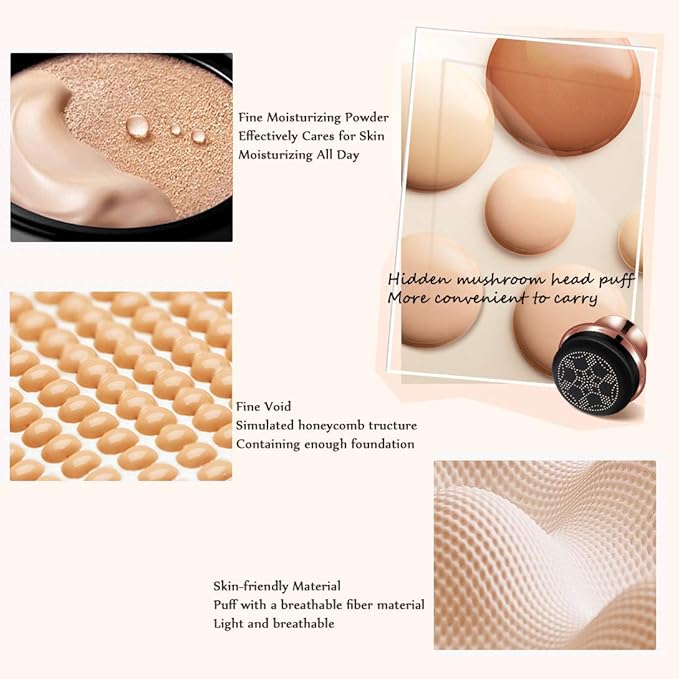 GL-Turelifes Mushroom Head Air Cushion Foundation CC Cream Water Feeling Flawless BB Cream Moisturizing Oil Control, Lightweight & Smoothing Natural Concealer (BlanchedAlmond)-Velvo Beauty