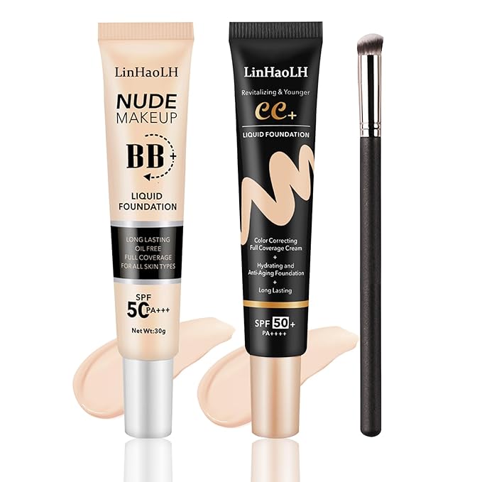 Full Coverage Concealer Foundation,Oil Control Long Lasting Lightweight BB Cream Tinted Face Moisturizer with SPF 50+ PA+++,Moisturizing CC Cream Liquid Foundation Makeup Brush Set（2 Pack）-Velvo Beauty