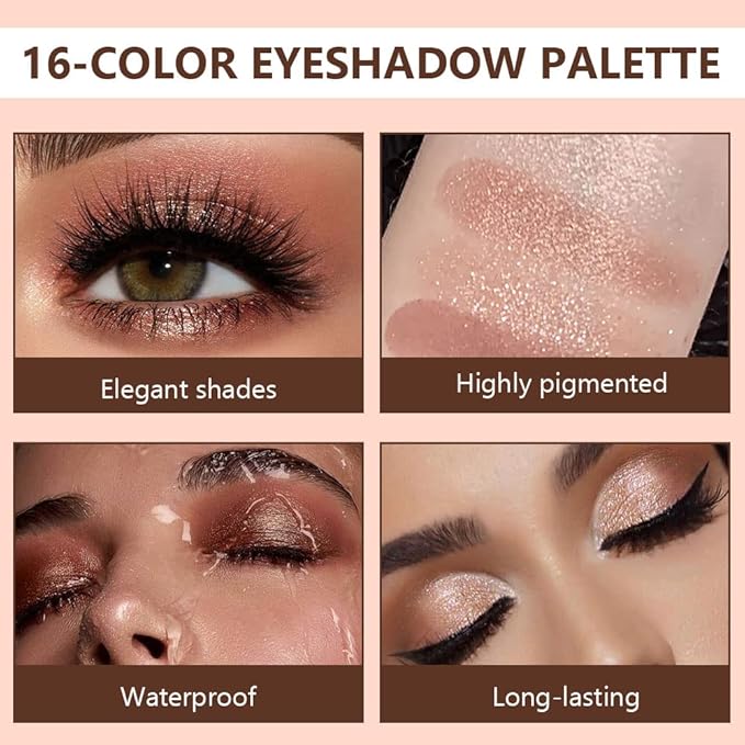 16 Girds Colorful Matte Shimmer Eyeshadow Palette for Eye Makeup,High Pigmented Eye Shadow Primers Powder Palet de sombras de ojos-Glitter Nude#-Velvo Beauty