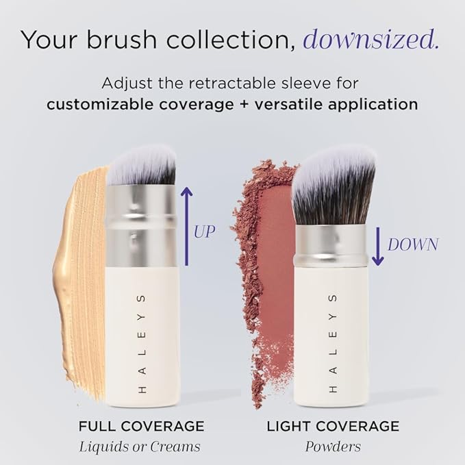 HALEYS Retractable Face Brush, VEGAN Dense, Angled Bristles & Adjustable Sleeve, Portable Makeup Brush for Quick, Easy Streak-Free Blending of Liquids, Creams, Powders, Travel-friendly Mess-Free Cap-Velvo Beauty